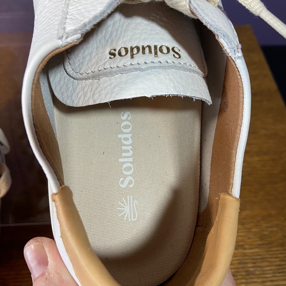 Soludos White Leather Sneakers with Tan Heel Accent - Picture 12 of 14